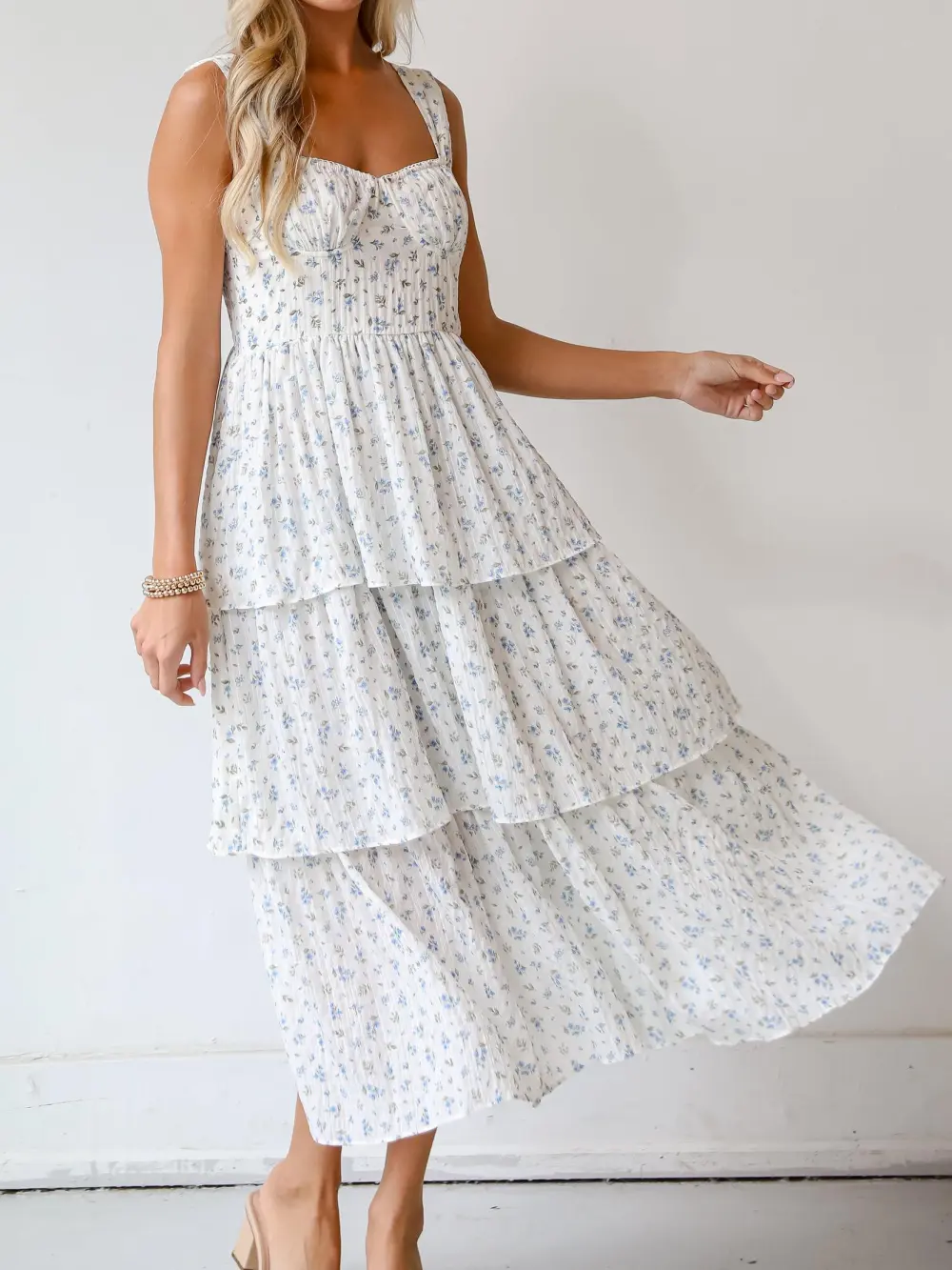 Caught Your Interest Ivory Floral Tiered Midi Dress