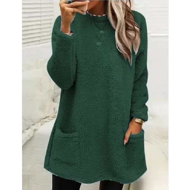Women's Sweatshirt Pullover Sherpa Fleece Teddy Pocket Marron Black Blue Solid Color Street Casual Round Neck Long Sleeve Fleece S M L XL 2XL 3XL