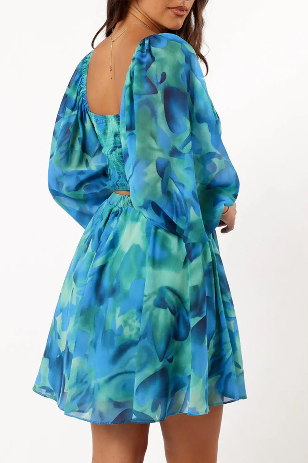 BLUE FLORAL LONG SLEEVE MINI DRESS