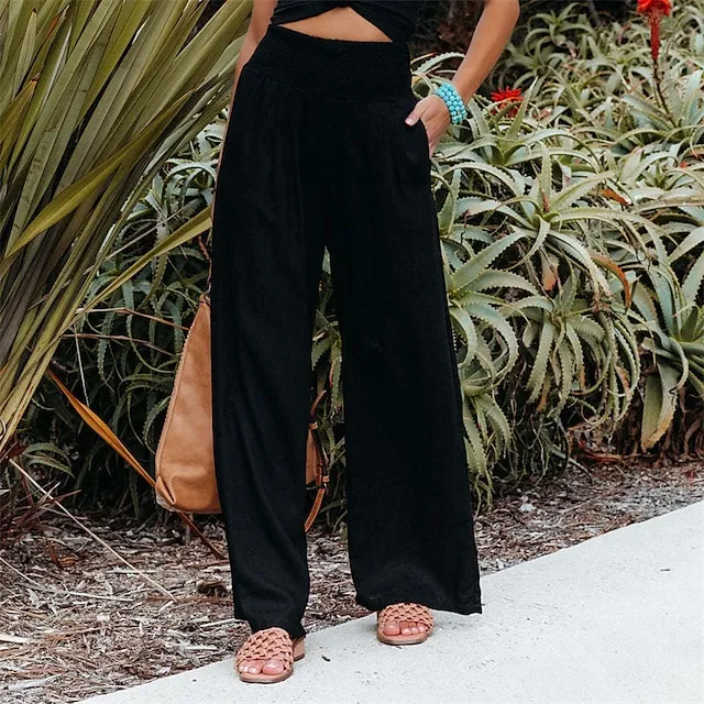 Women's Wide Leg Linen Pants Trousers Full Length Cotton Baggy Micro-elastic High Waist Fashion Casual Daily Vacation Apple Green Black S M Autumn / Fall