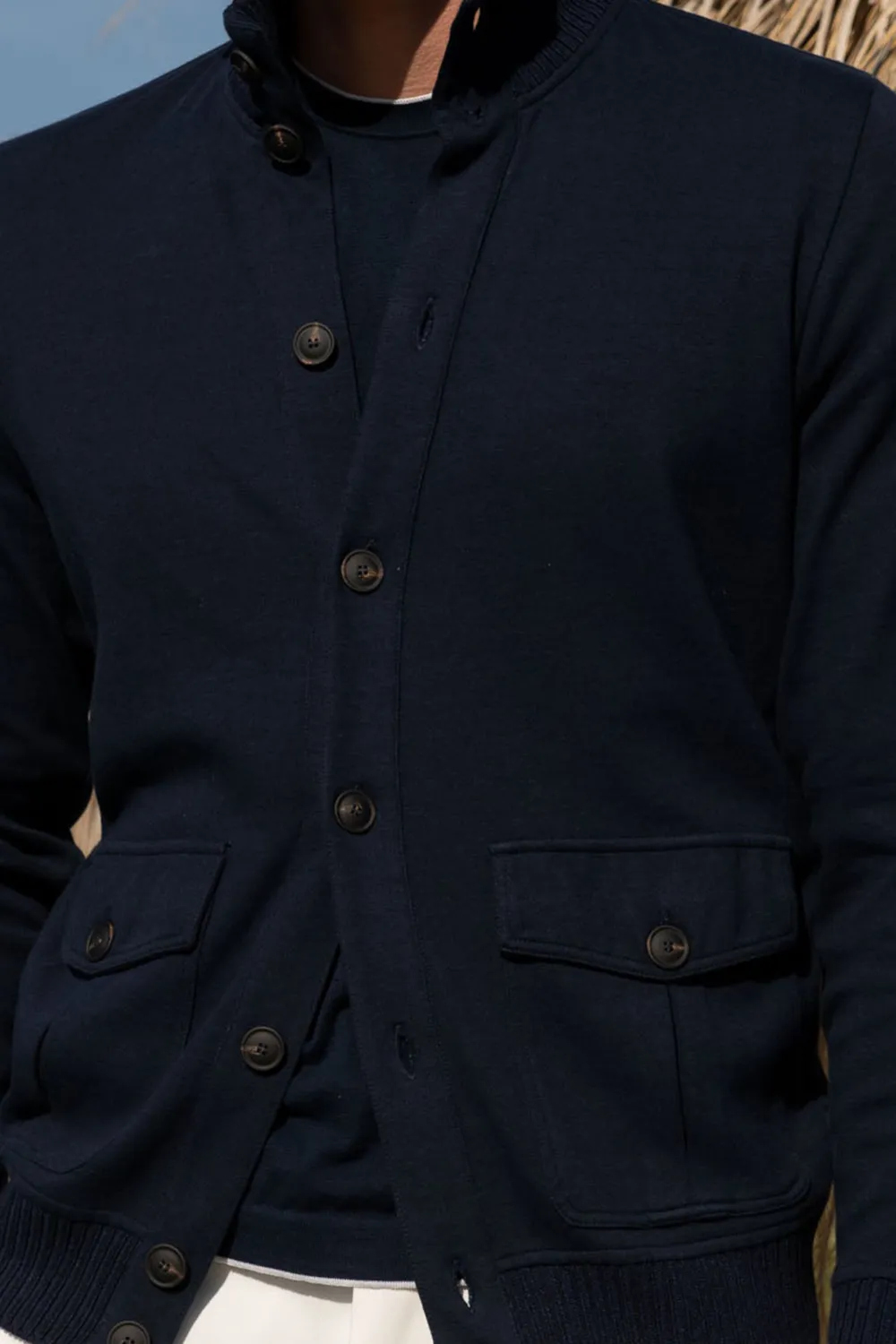 Blue Cotton Knitted Bomber