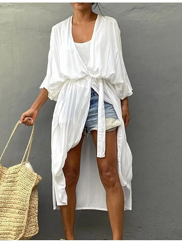 Women's Swimwear Cover Up Beach Top Normal Swimsuit Lace up Pleated UV Protection Pure Color Black White Red Royal Blue Beige V Wire Bathing Suits New Vacation Holiday