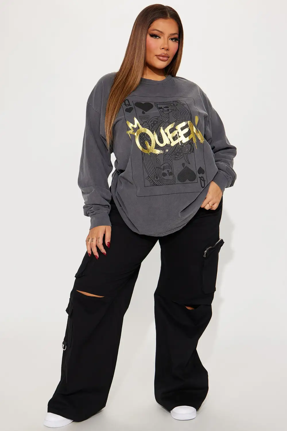 Queen Of Hearts Long Sleeve Tee - Grey/combo