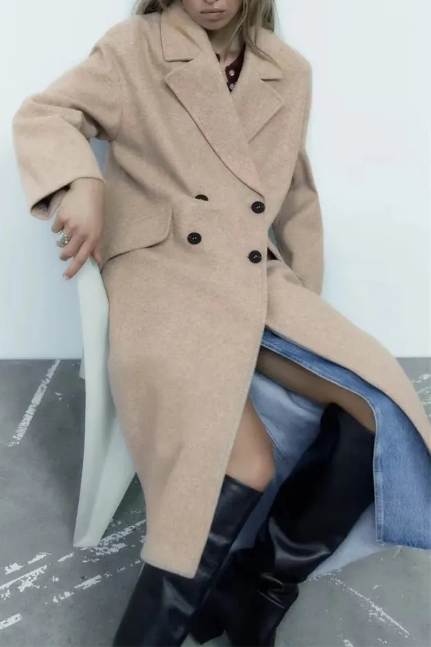 Elegant Solid Double Breasted Lapel Coat