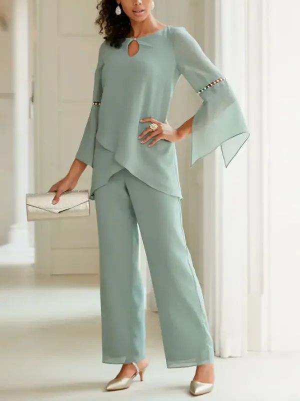 Round Neck Solid Color Button Top Trousers Suit
