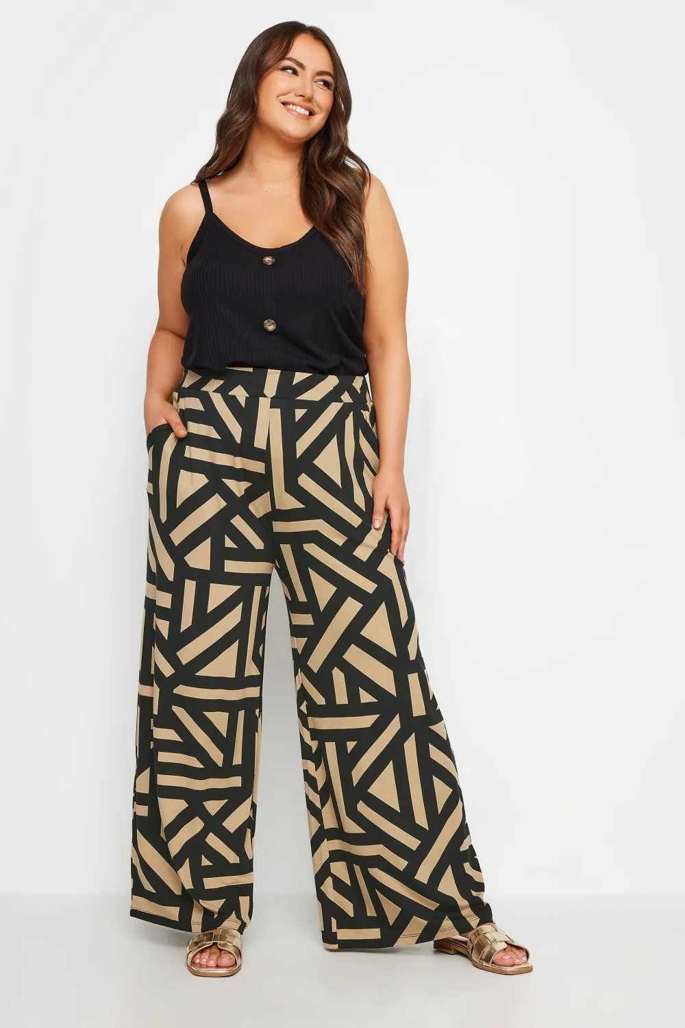 YOURS Curve Black Leopard Print Wide Leg Trousers