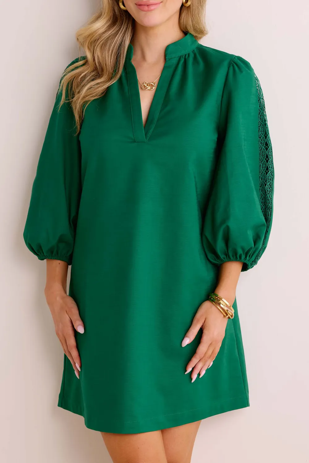 Green Stand Collar Puff Sleeve Shift Dress