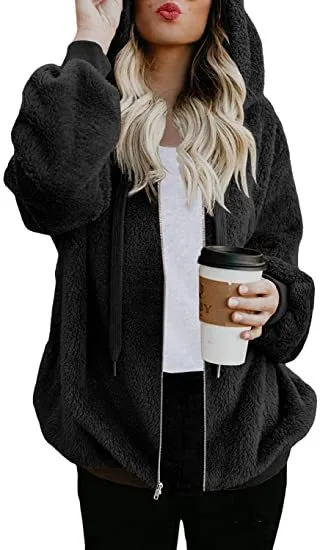 Solid Plush Drawstring Hooded Zip Coat