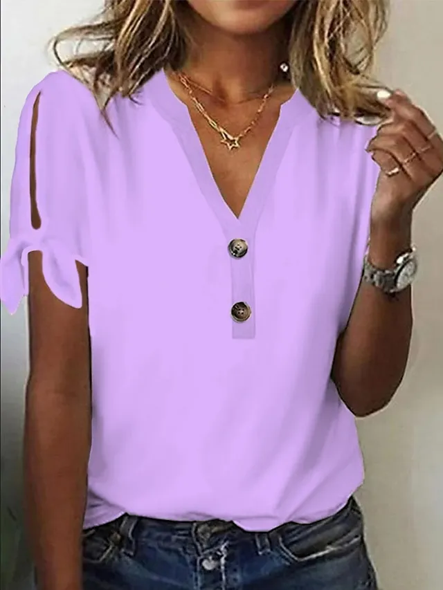 Women's T shirt Tee White Pink Blue Plain Button Cut Out Short Sleeve Daily Weekend Fashion Basic Elegant V Neck Regular Fit