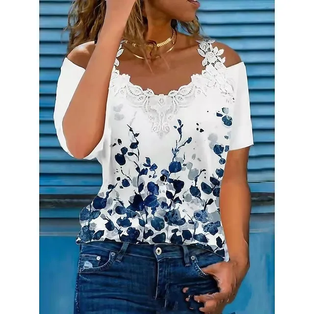 Women's T shirt Tee Blouse Graphic Floral White Purple Green Lace Patchwork Short Sleeve Street Casual Going out Basic Modern Off Shoulder Regular Fit T-shirt Sleeve Summer