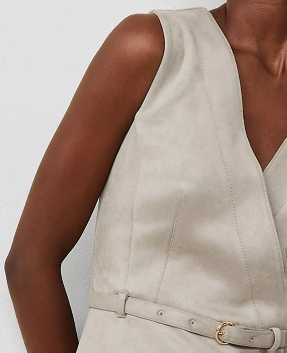 Faux Suede Belted Wrap Sheath Dress