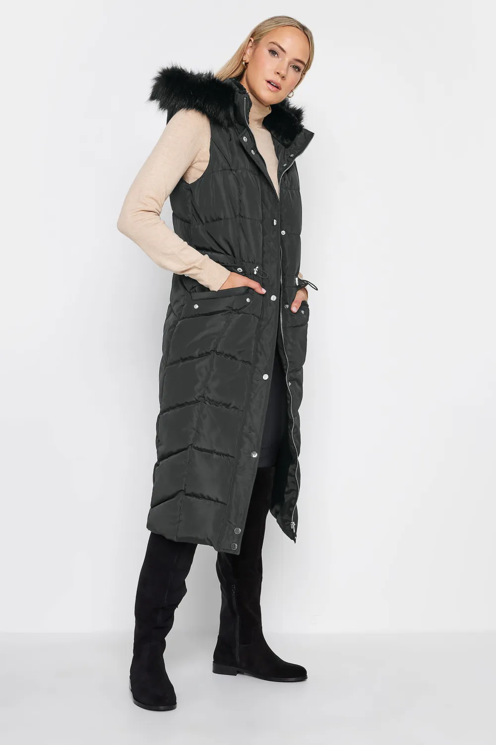 LTS Tall Black Faux Fur Trim Hooded Midi Gilet