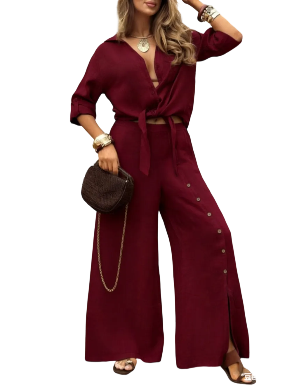 🔥 Women's Loose-Fit Long Sleeve Shirt & Wide Leg Pants Set