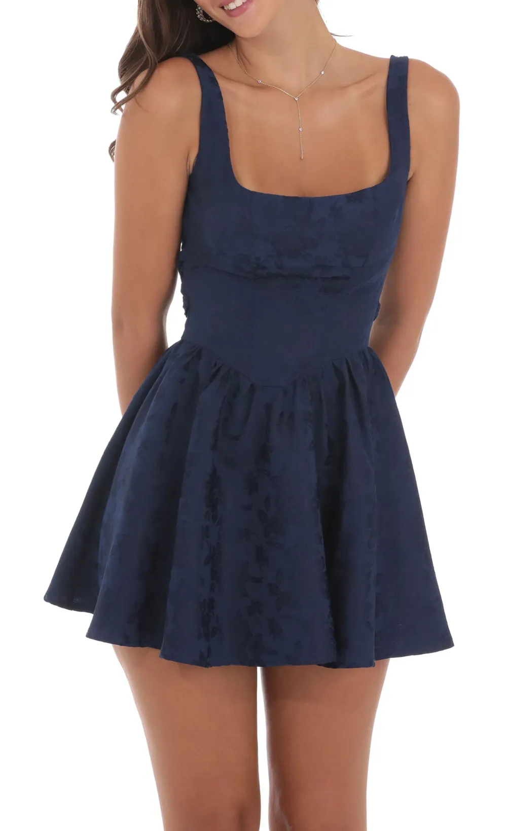 Floral Jacquard Open Back Bow Dress in Navy