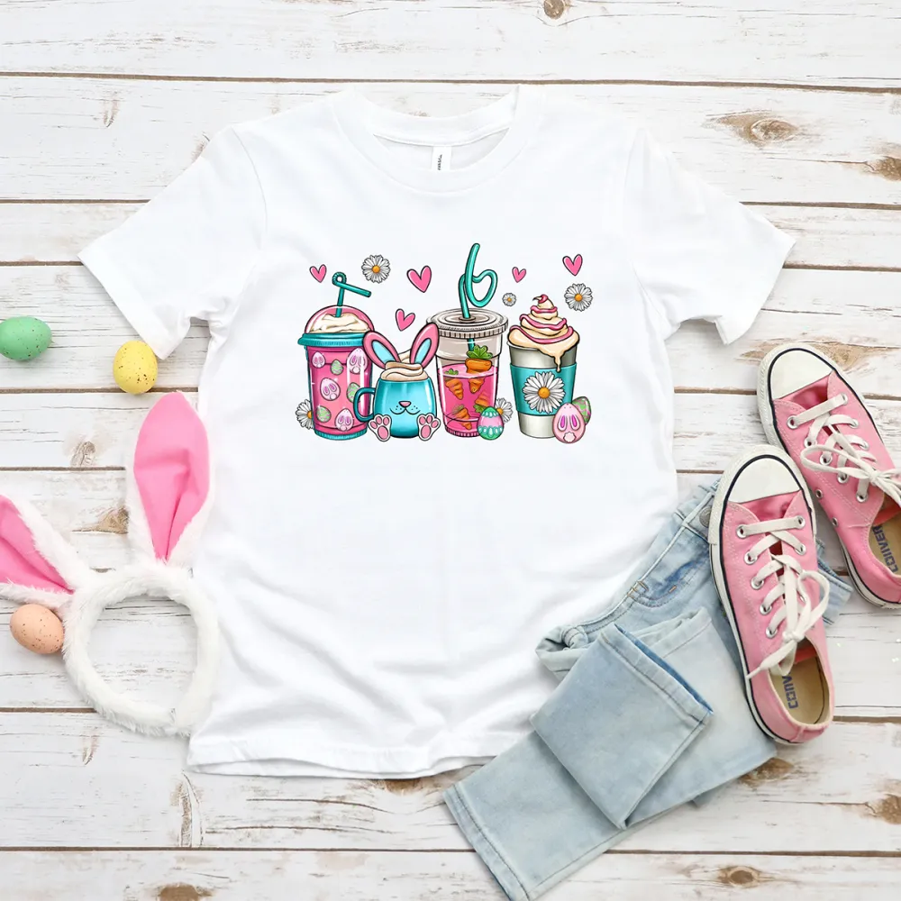Easter Bunny Coffee Drink Printed Round Neck Short Sleeve T-Shirt
