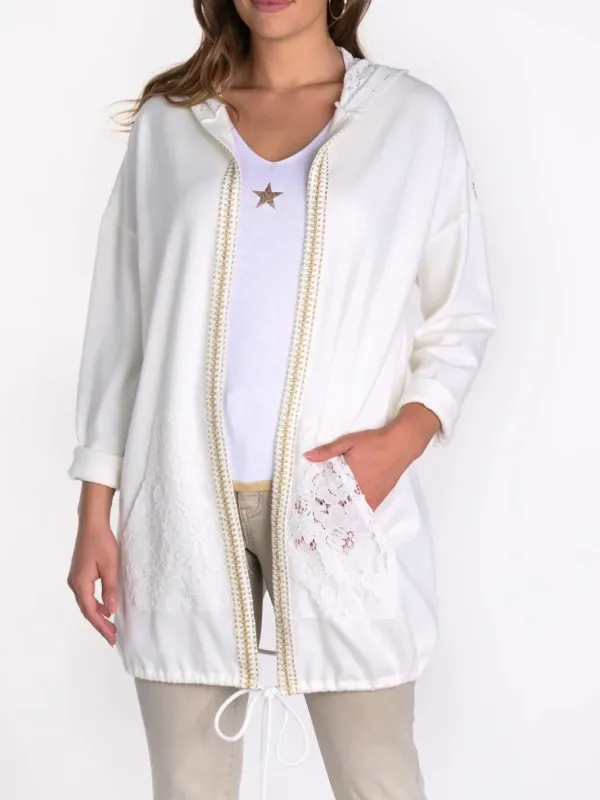 Embroidered White Hooded Cardigan