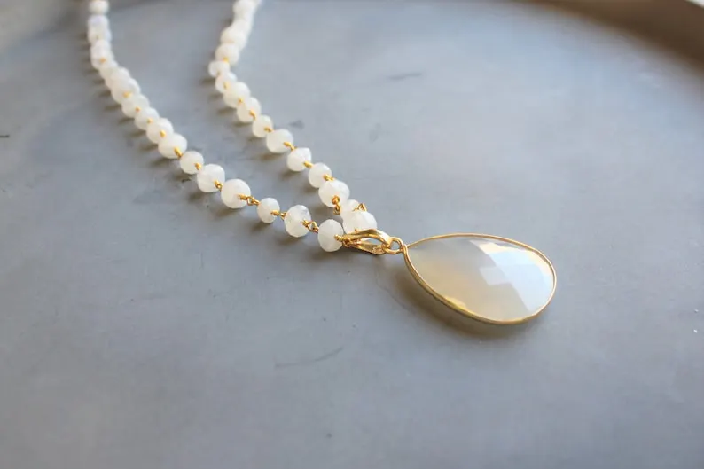 Long Necklace Moonstone Long Pendant Necklace Gold Necklace Long Stone Necklace Gemstone Statement Necklace Teardrop Long Layer Necklace