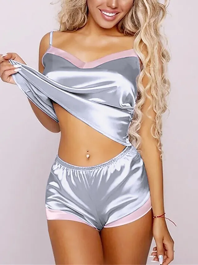 Women's Pajamas Pajama Top and Pant Sets Pure Color Fashion Casual Soft Home Daily Bed Satin Breathable Straps Sleeveless Strap Top Shorts Backless Summer Spring Silver Black