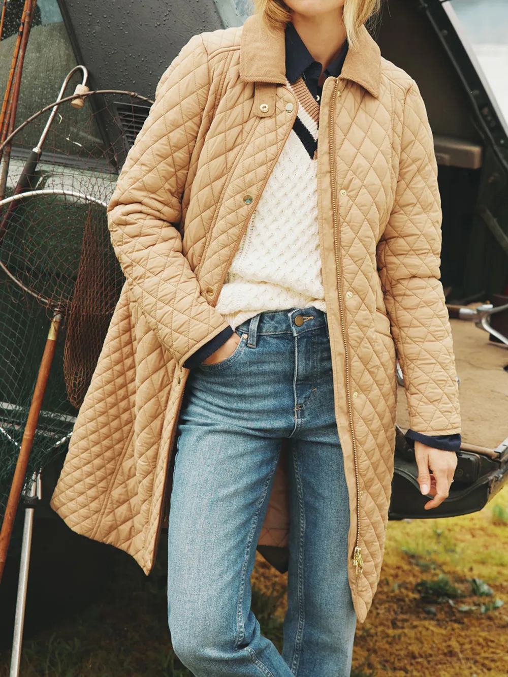 Tan Brown Showerproof Longline Diamond Quilted Coat