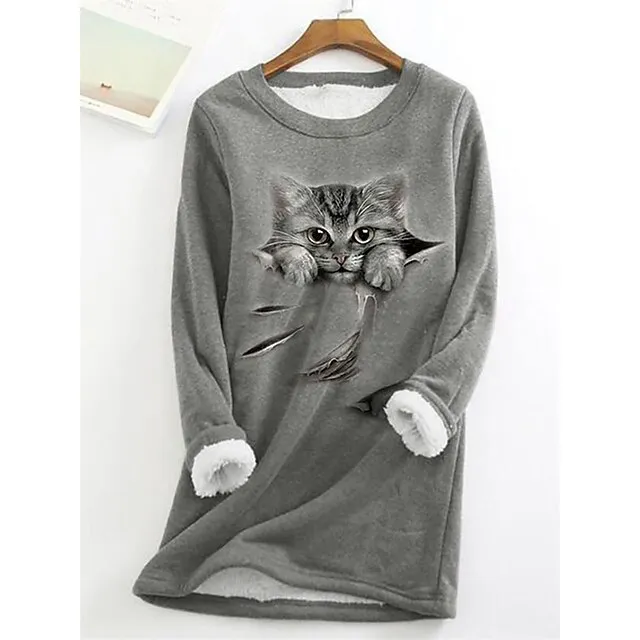 Women's Plus Size Sweatshirt Pullover Cat Teddy Sherpa Fleece Denim Blue Black White Street Casual Round Neck Long Sleeve Top Micro-elastic Fall & Winter