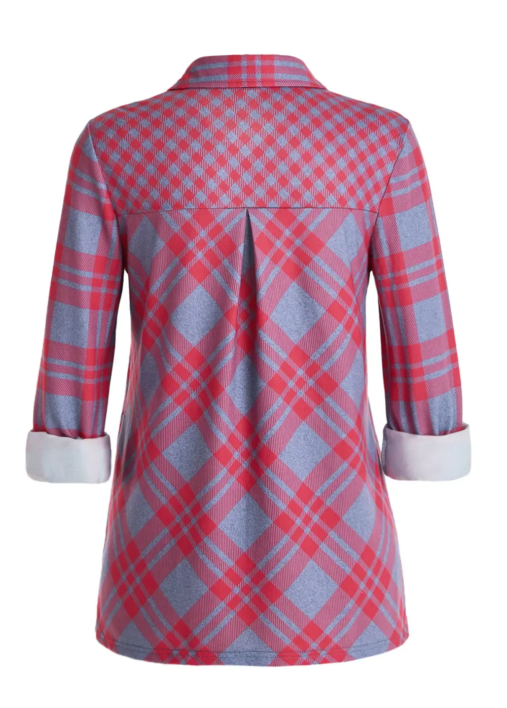 Red Button Plaid Long Sleeve Shirt Collar Blouse