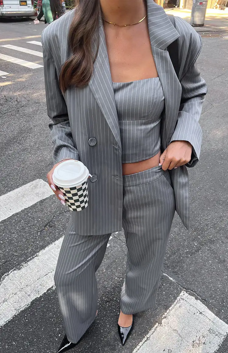 Gray Pinstripe Wide Leg Pants