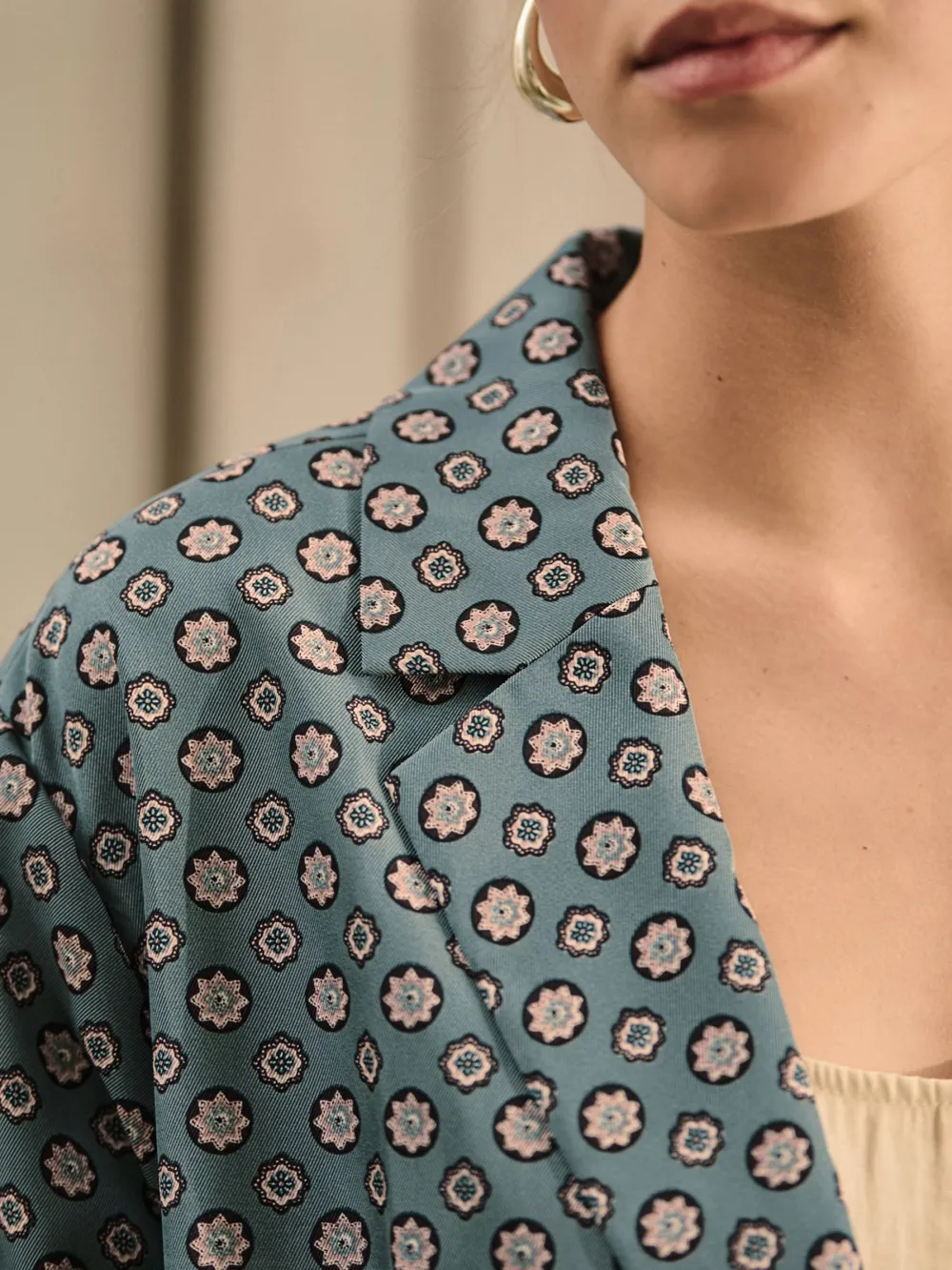 Blue Geometric Printed Loose Single-Breasted Blazer