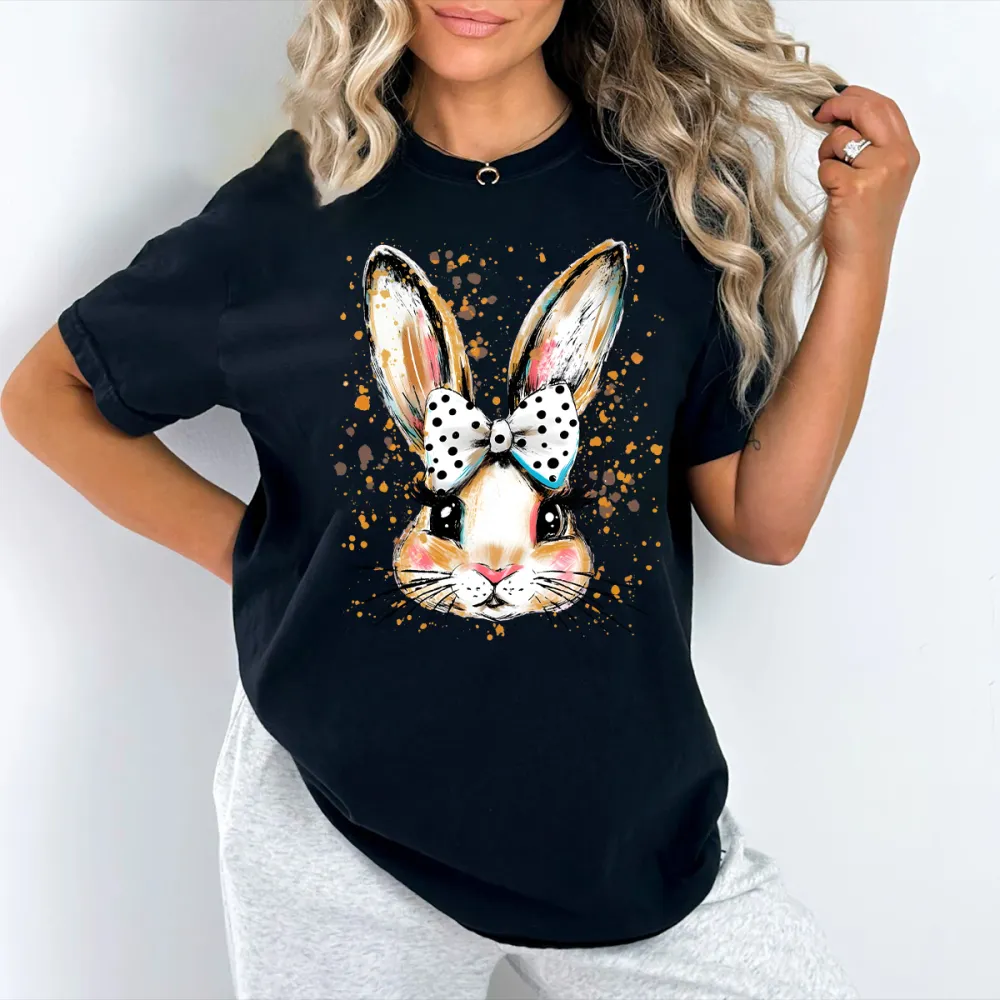 Easter Hand Drawn Bunny Printed Round Neck Short Sleeve T-Shirt