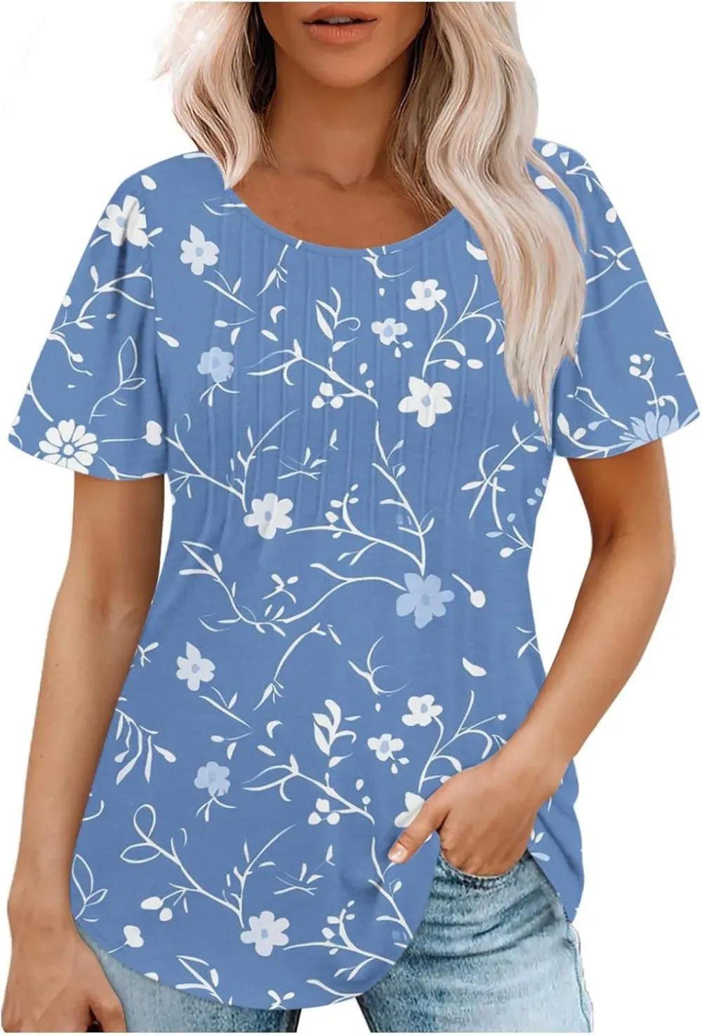 Womens Summer Pleated Front Shirts Tunics Casual Short Sleeved Loose Round Neck Boho Printed Tops Vacation Blouse