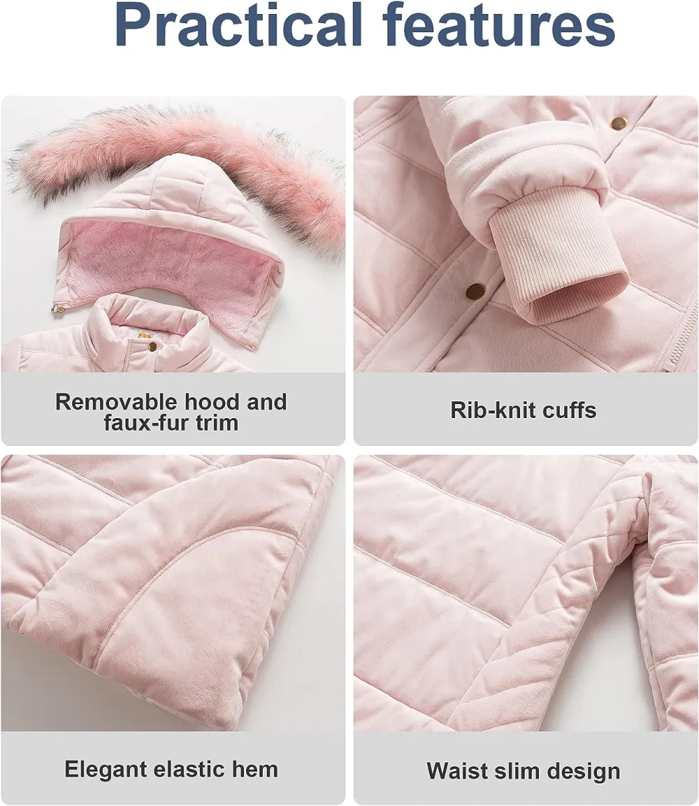 Women's Warm Winter Coat Velvet Puffer Jacket Quilted Faux Fur Hood