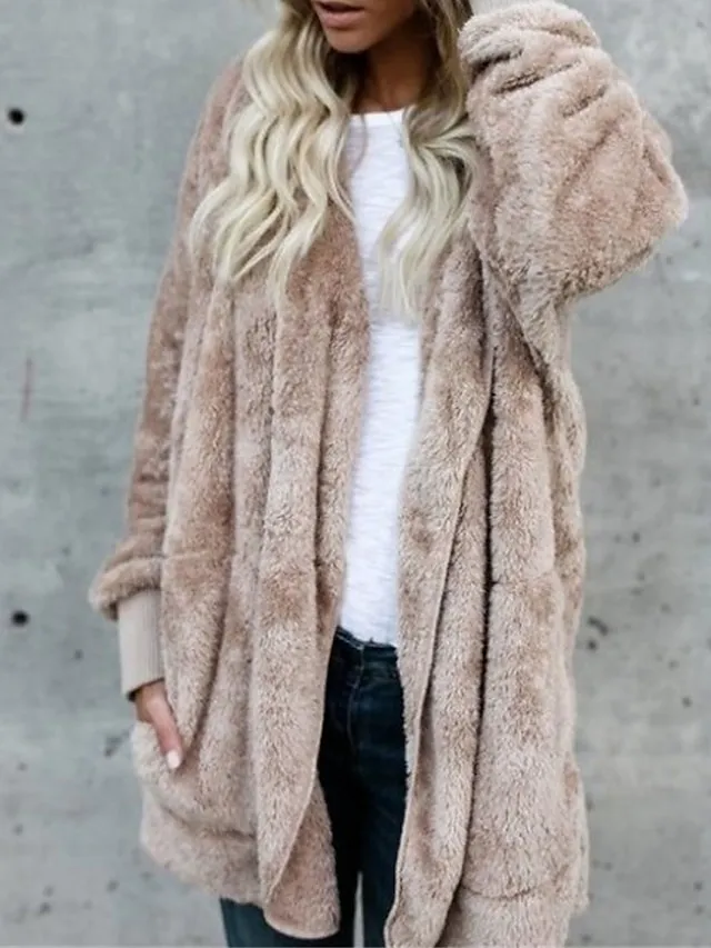 Women's Fleece Sherpa Jacket Teddy Bear Coat with Hood Open Front Winter Coat Fall Windproof Warm Comtemporary Stylish Plush Jacket Long Sleeve Plain with Pockets Oversize Lotus Black