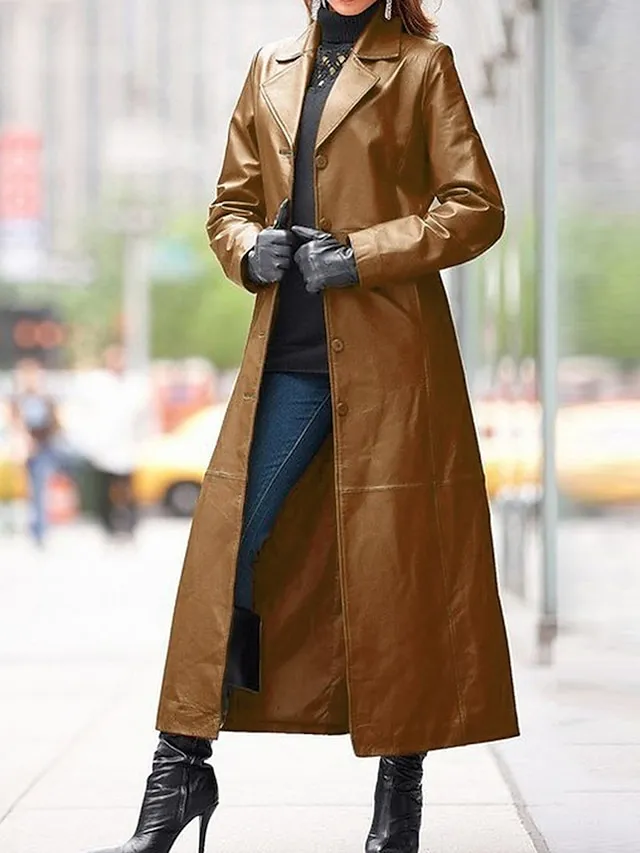 Women's Leather Trench Coat Single Breasted Lapel Overcoat Winter Coat Windproof Warm Waterproof Long Coat Fall Streetwear Outerwear Long Sleeve Black