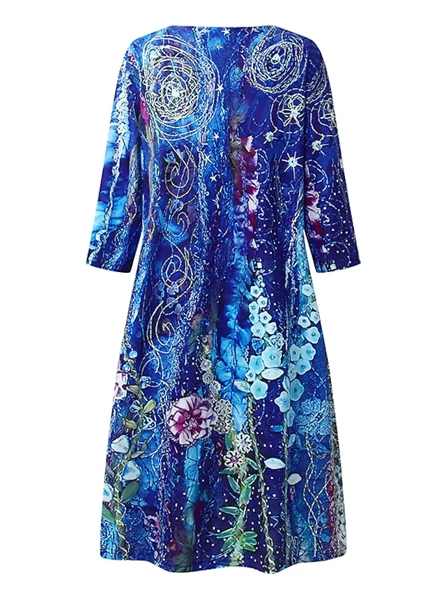 Women‘s Shift Dress Knee Length Dress 3/4 Length Sleeve Floral Print Summer Spring Fall V Neck Casual 2023 S M L XL XXL XXXL 4XL