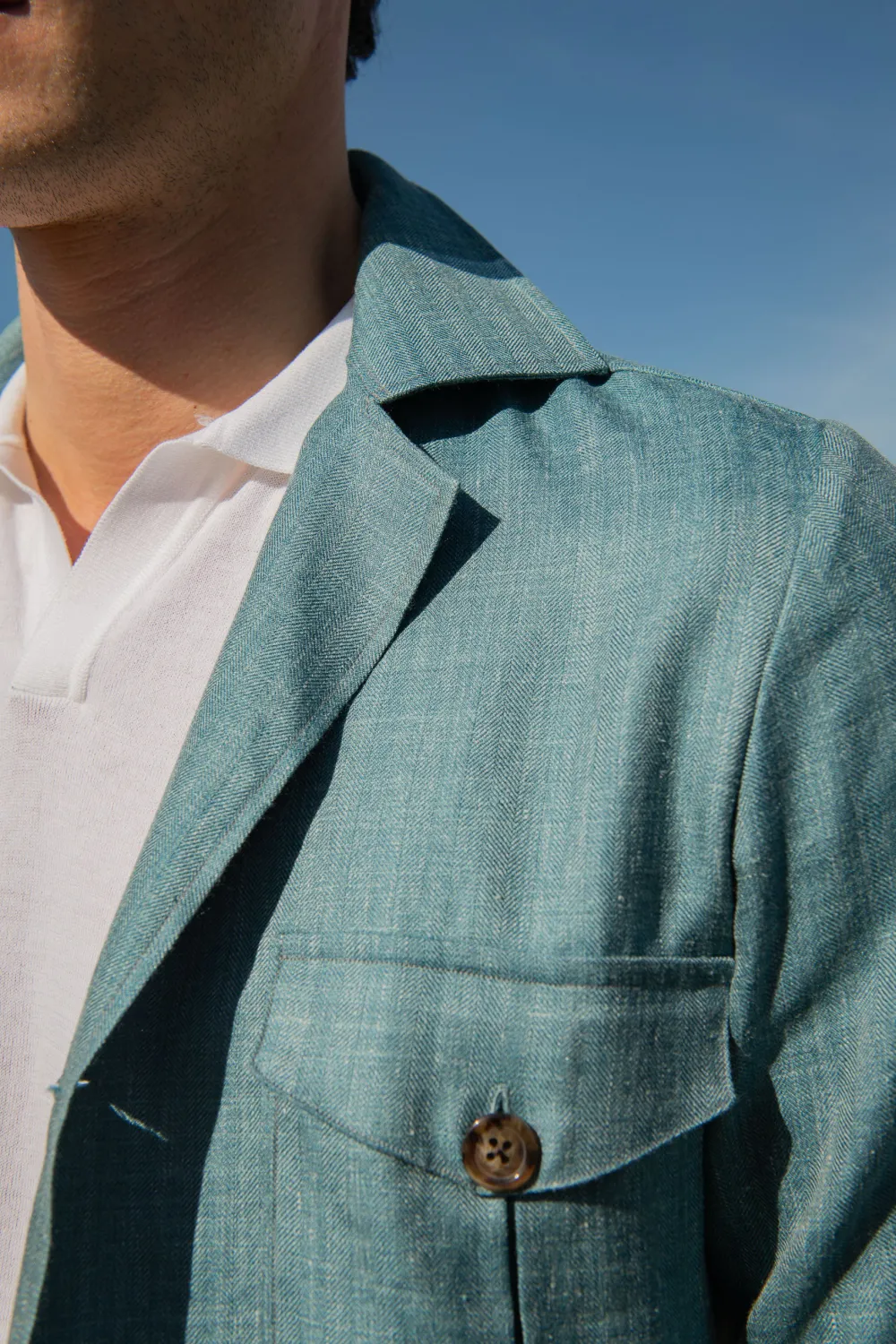 Water green Safari Jacket in  wool silk and linen