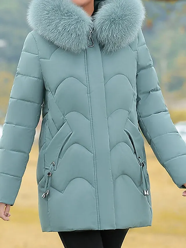 Women's Parka Warm Breathable Outdoor Street Daily Wear Going out Zipper Pocket Fur Collar Zipper Hoodie Fashion Modern Casual Street Style Solid Color Regular Fit Outerwear Long Sleeve Fall Winter