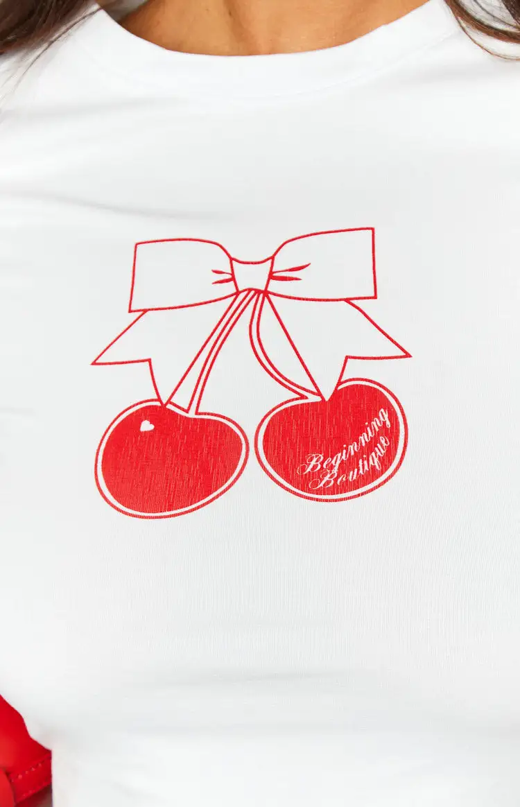 Cherry Embroidered White Crop T-Shirt