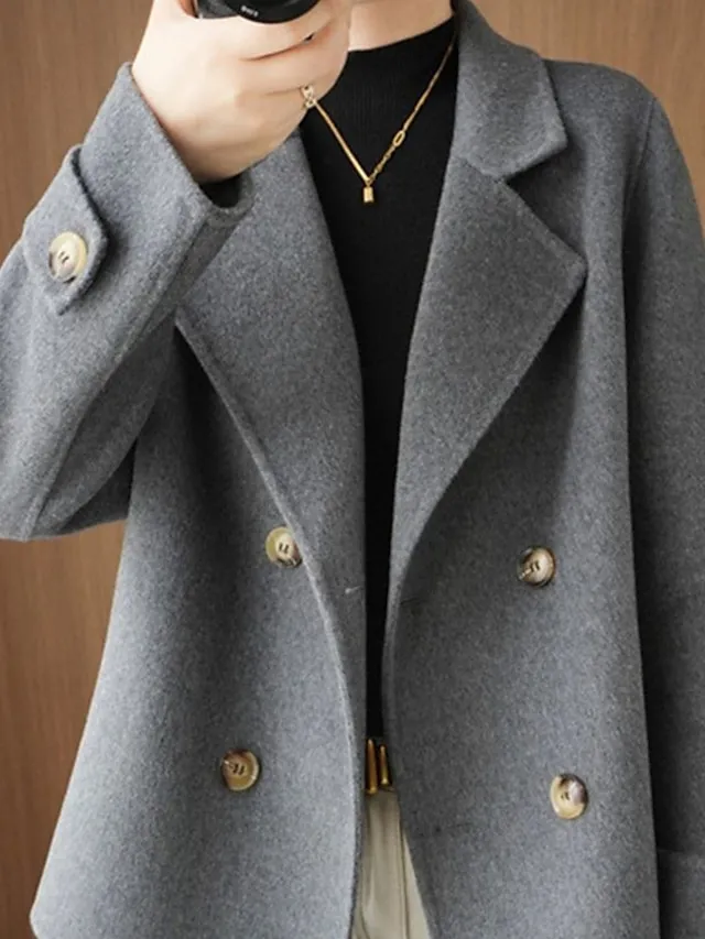 Women's Winter Blazer Coat Fall Double Breasted Lapel Jacket Wool Blend Short Coat with Pockets Warm Black White Camel