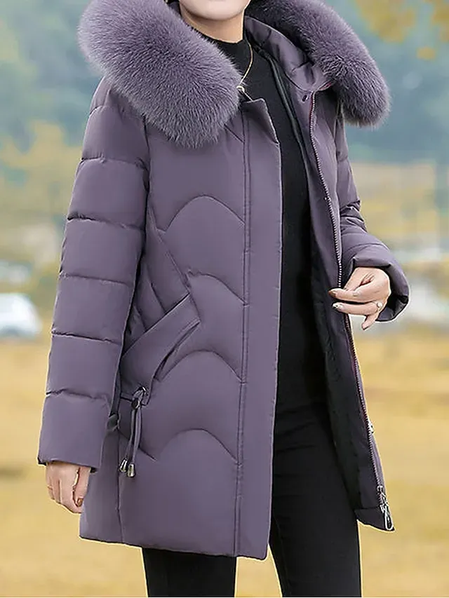 Women's Parka Warm Winter Coat Zipper Puffer Jacket with Removable Fur Collar Zipper Hoodie Heated Jacket Fashion Modern Casual Street Style Outerwear Long Sleeve Fall