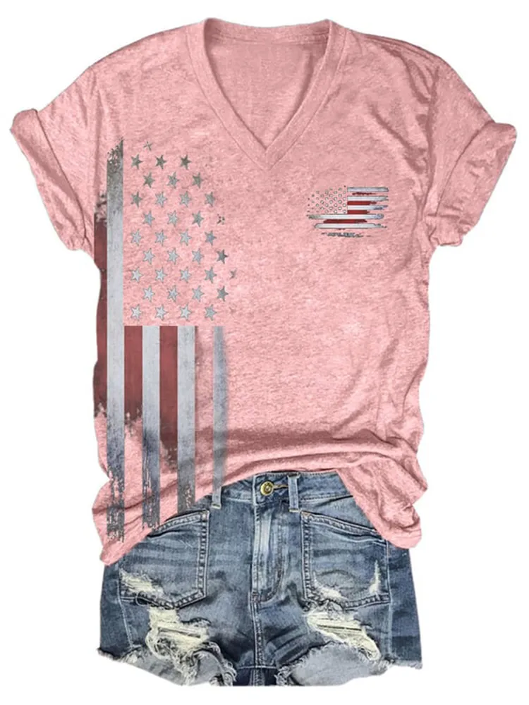 Women'S National Flag Pattern Print V-Neck T-Shirt
