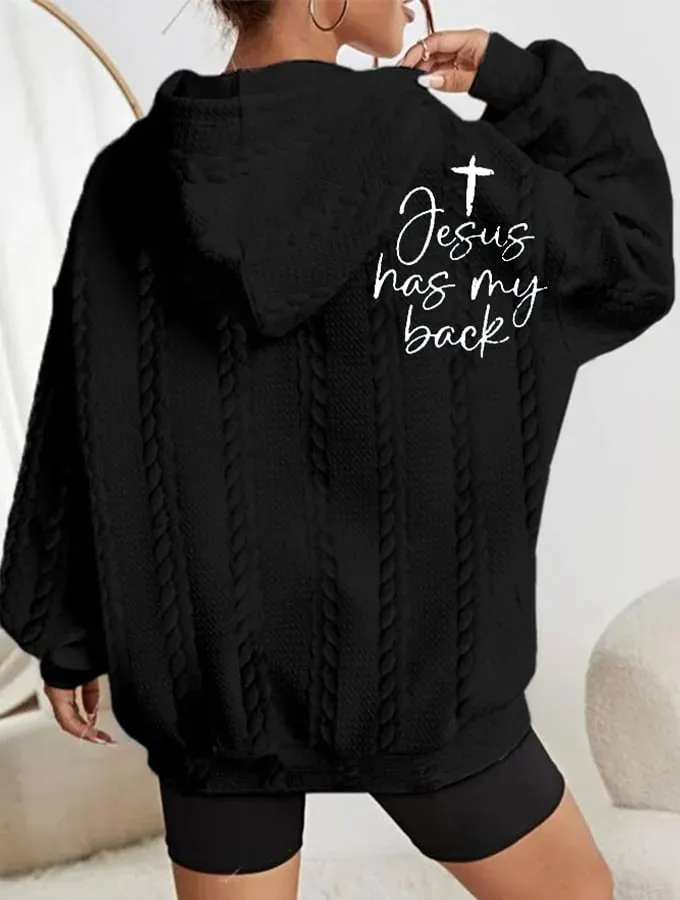 Women's Faith Jesus Has My Back Printed Casual Cable Hoodie