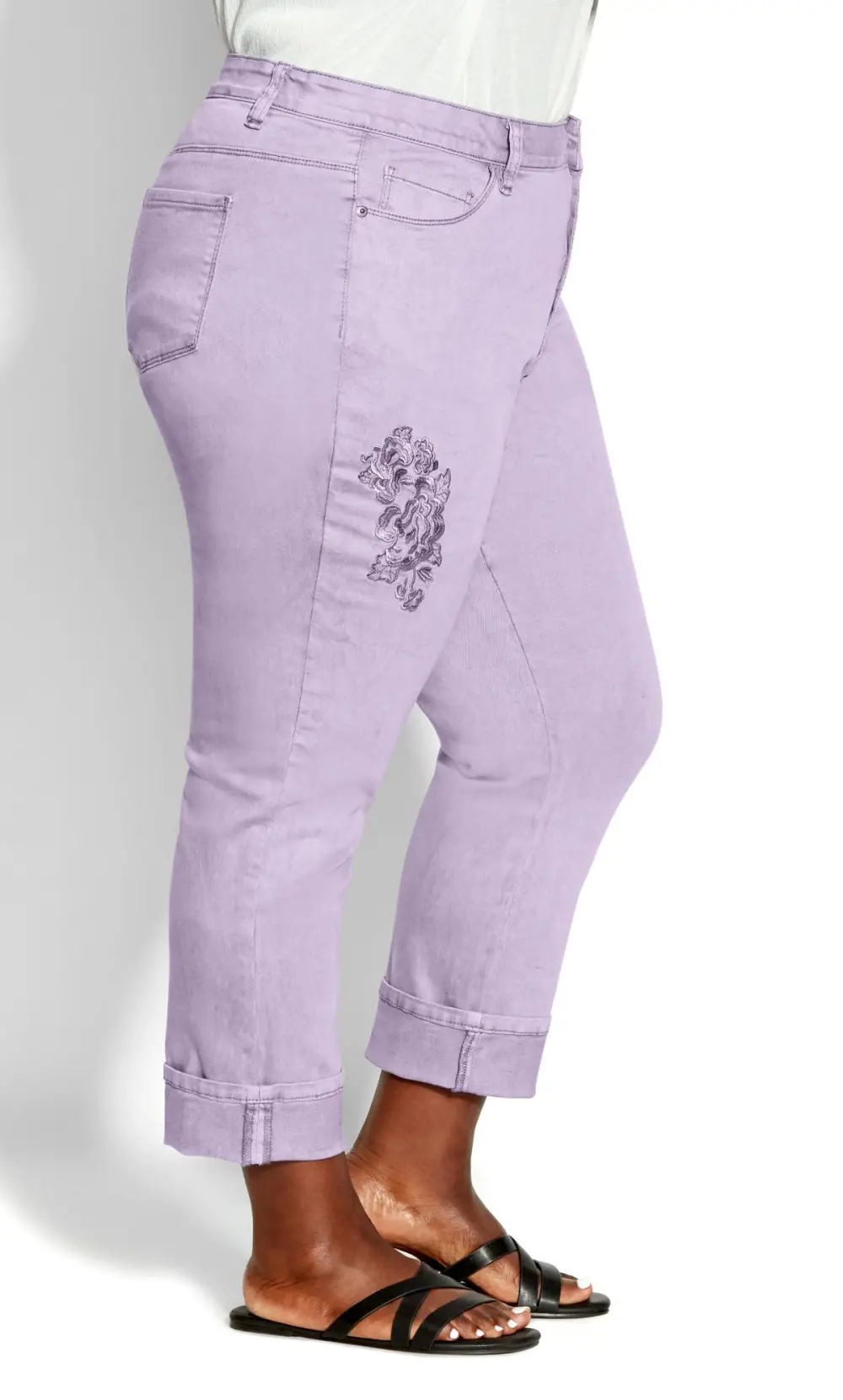 Evans Purple Embroidered Turn Up Denim Jean