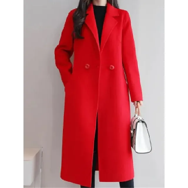 Women's Winter Coat Long Overcoat Double  Breasted Lapel Pea Coat Thermal Warm Windproof Trench Coat Stylish Contemporary Modern Jacket Long Sleeve with Pockets Black Yellow Red