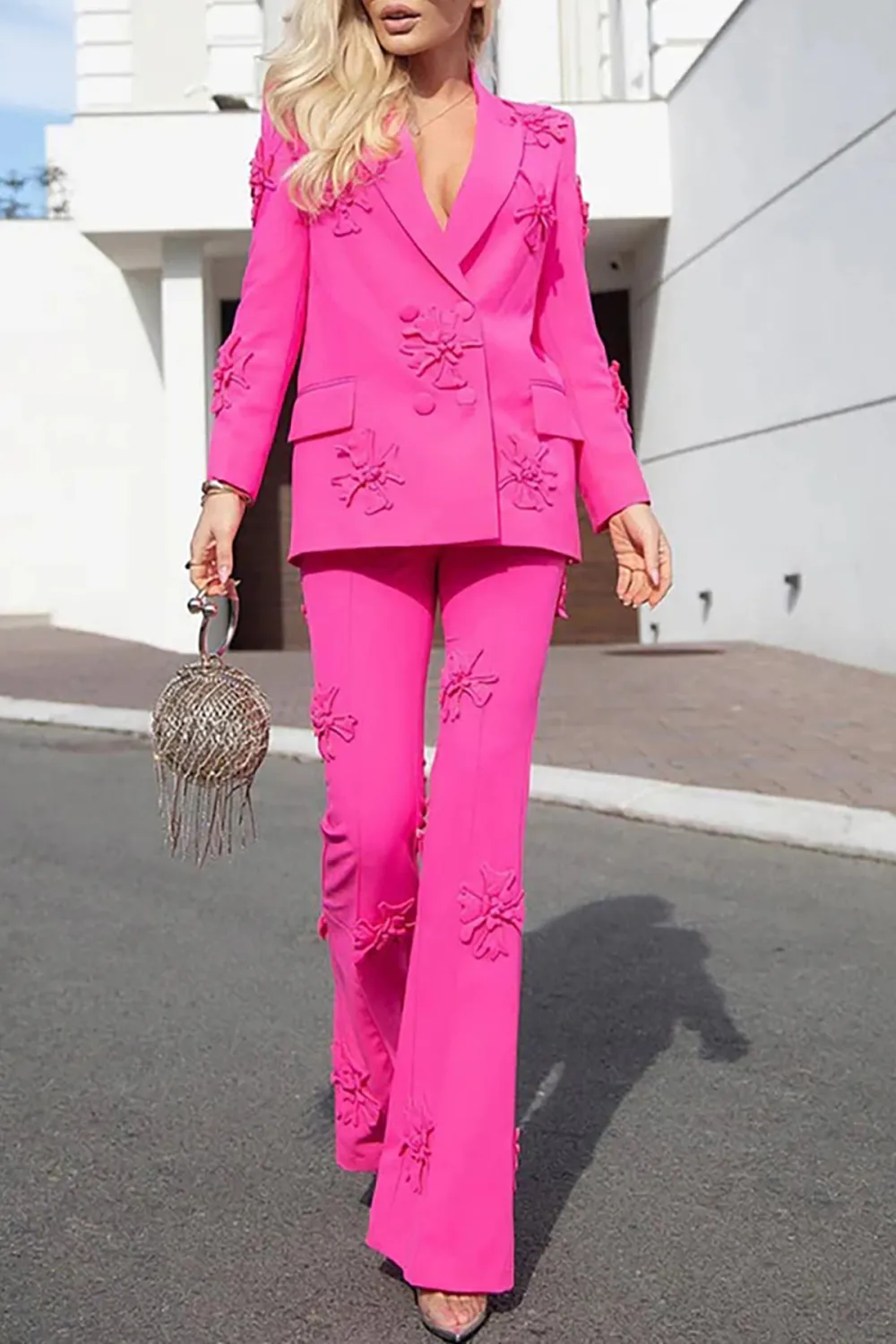 Smart Rosette Appliqué Lapel Collar Long Sleeve Double Breasted Blazer