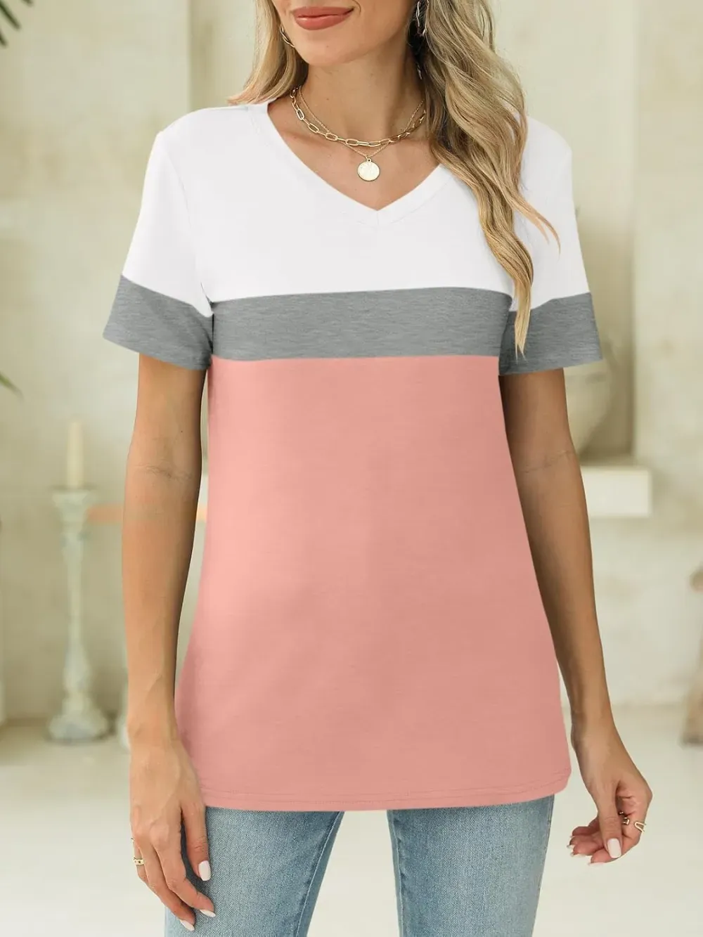 ORANDESIGNE Women's Color Block Short Sleeve T Shirts Casual V Neck Summer Tops Tees Loose Fit Blouses