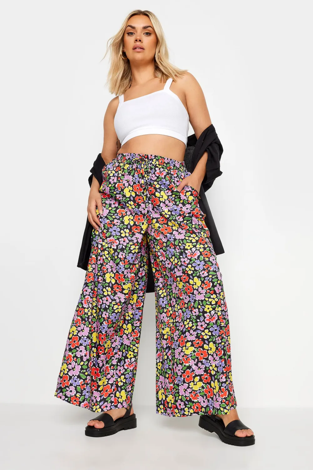 Yours Curve Black Leaf Print Drawstring Wide Leg Trousers