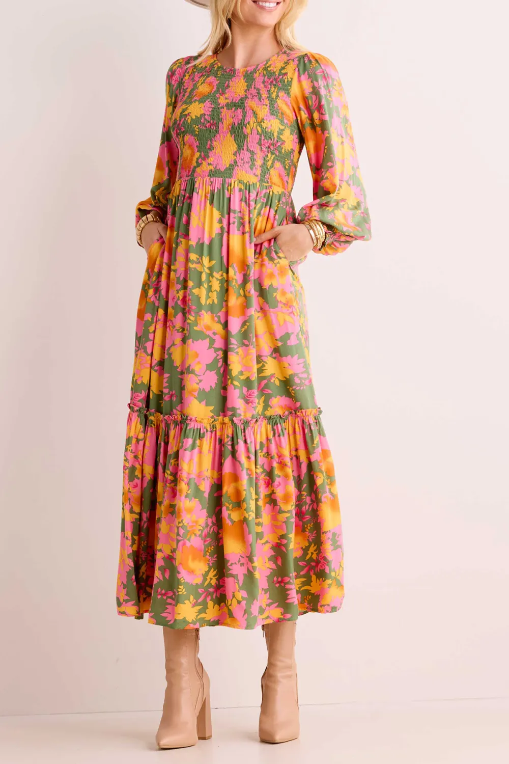 Multicolored Floral Print Tiered Maxi Dress