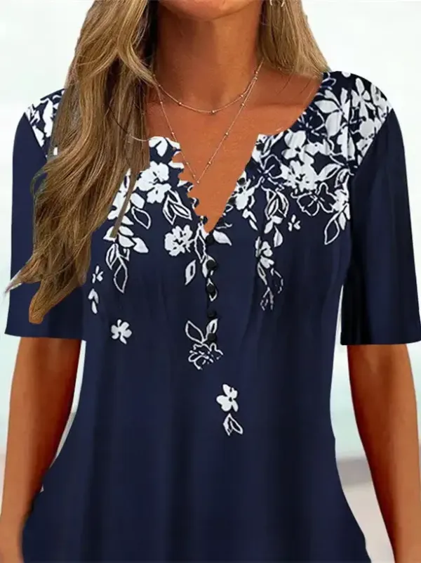 Women Half Sleeve V-neck Floral Printed Tops