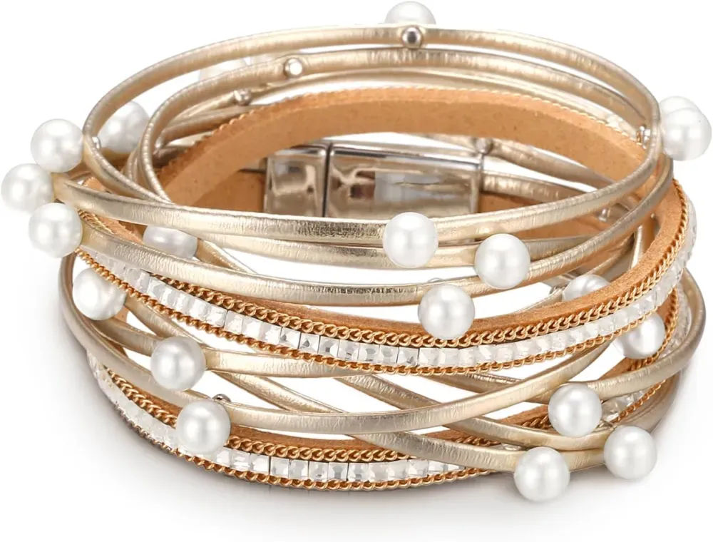 Fesciory Leather Wrap Bracelets for Women, Boho Leopard Multi-Layer Crystal Beads Cuff Bracelet Jewelry