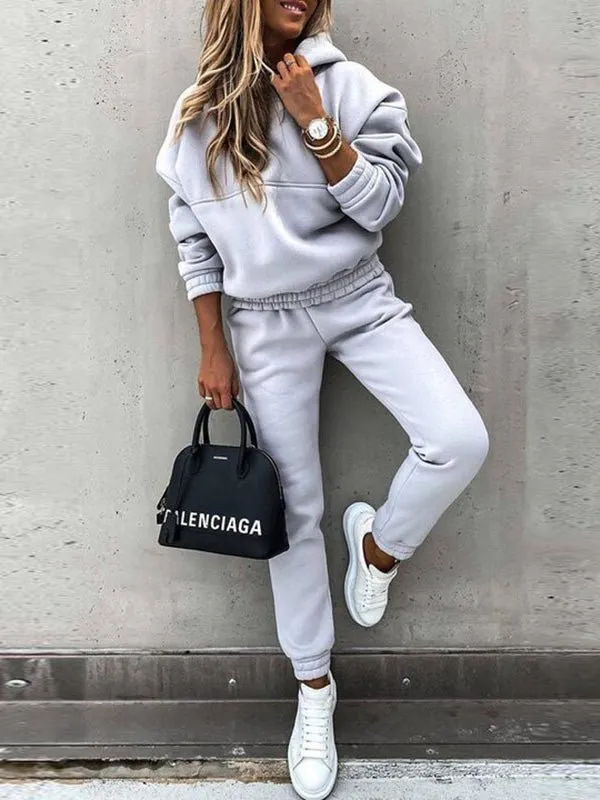 Women's Sets Solid Long Sleeve Hoody & Pants Two-Piece Set