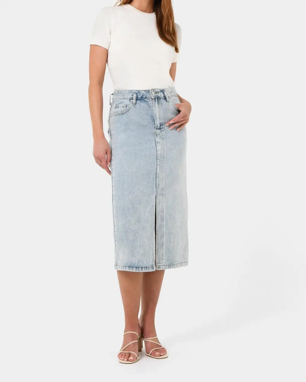 High Rise Midi Denim Skirt